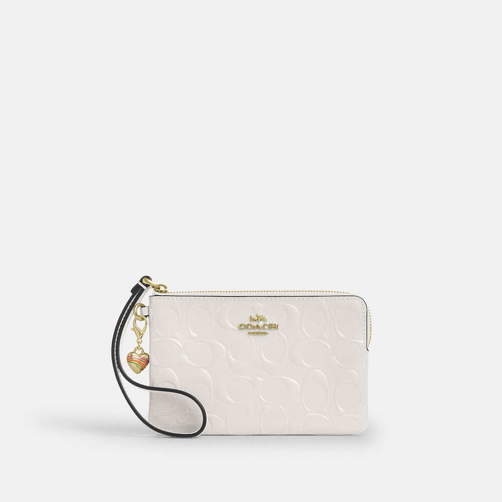 Coach Outlet Corner Zip Wristlet In Signature Leather With Heart Charm NWT